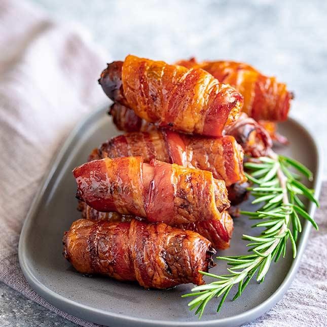 Bacon wrapped smoked sausages