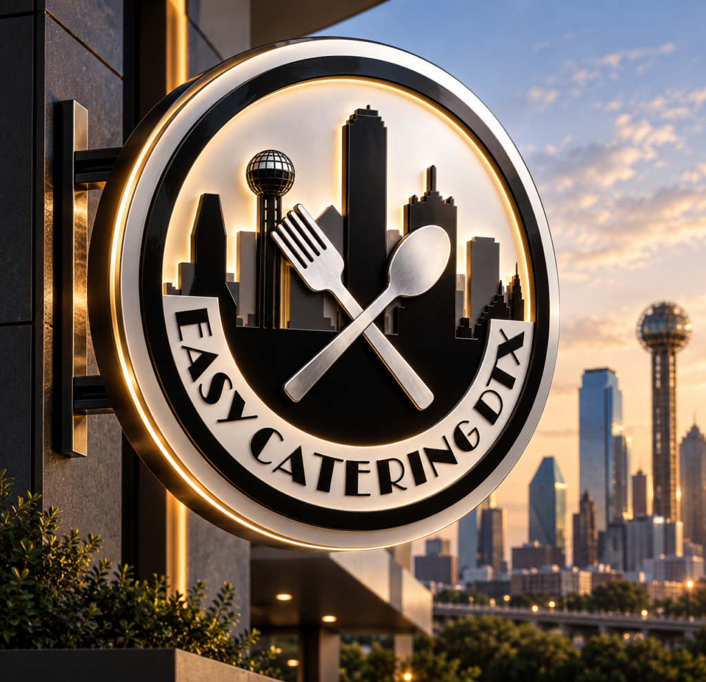 Easy Catering DTX illuminated sign with Dallas skyline